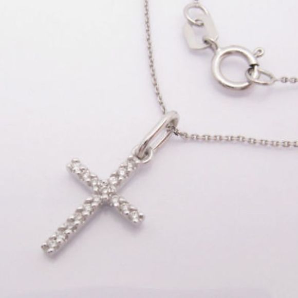 14K Solid White Gold GENUINE Diamond Cross Pendant